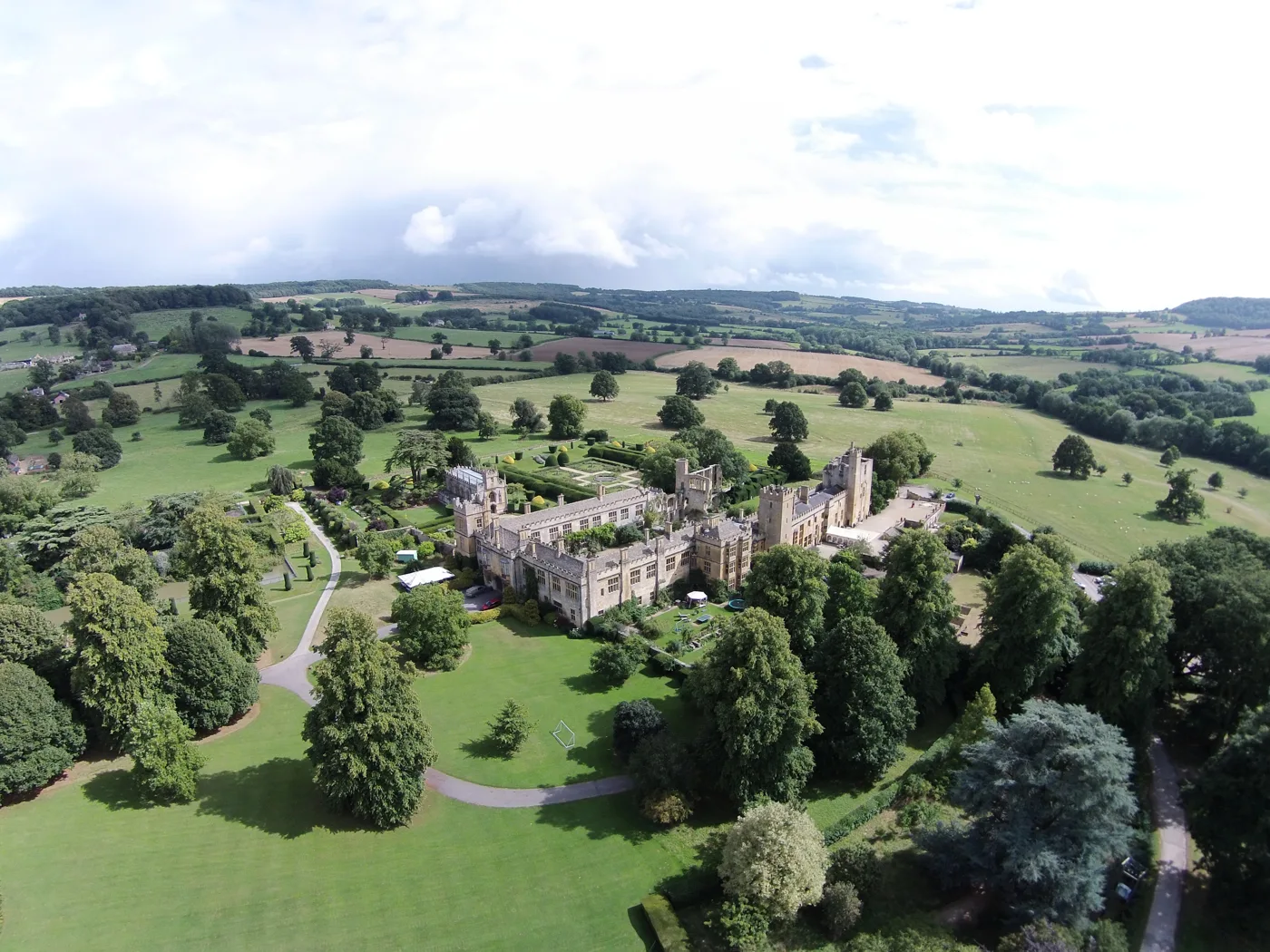 Sudeley Castle and its gardens at Winchcombe, seen from the air